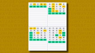 Quordle Daily Sequence answers for game 1153 on a yellow background