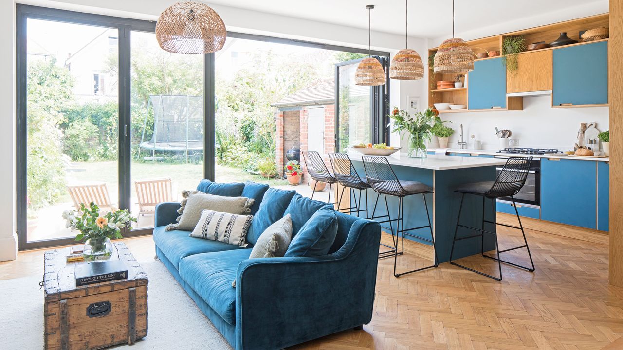 Blue kitchen and living room 