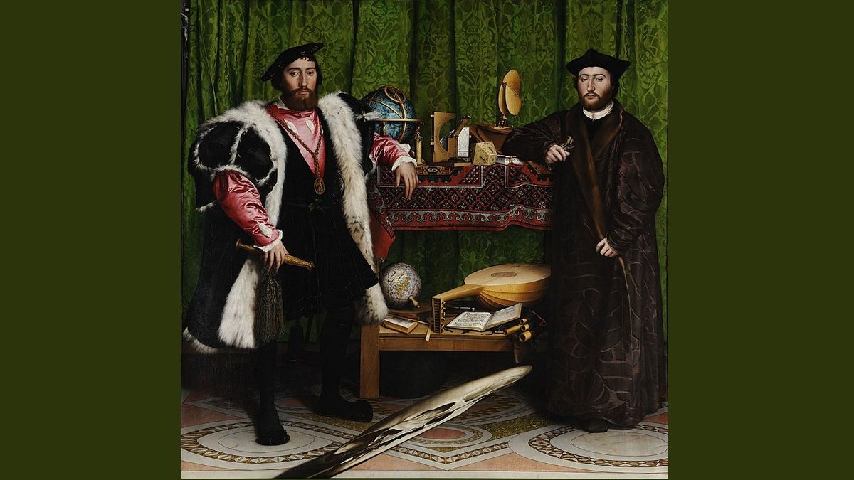 Two men posing in 16th century surroundings