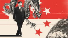 Illustration of Xi Jinping and a Chinese dragon alongside a globe and latitude lines