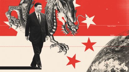 Illustration of Xi Jinping and a Chinese dragon alongside a globe and latitude lines