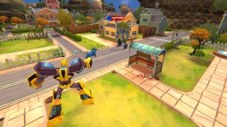 Bumblebee lines up a blaster shot on a Decepticon seeker on a suburban street