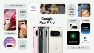 Google Pixel 9 Pro specs sheet with a four phones in the centre