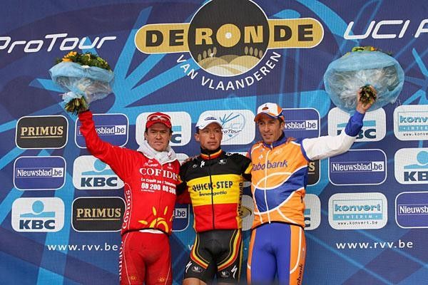 The podium with Nuyens, Devolder, Flecha from left to right.