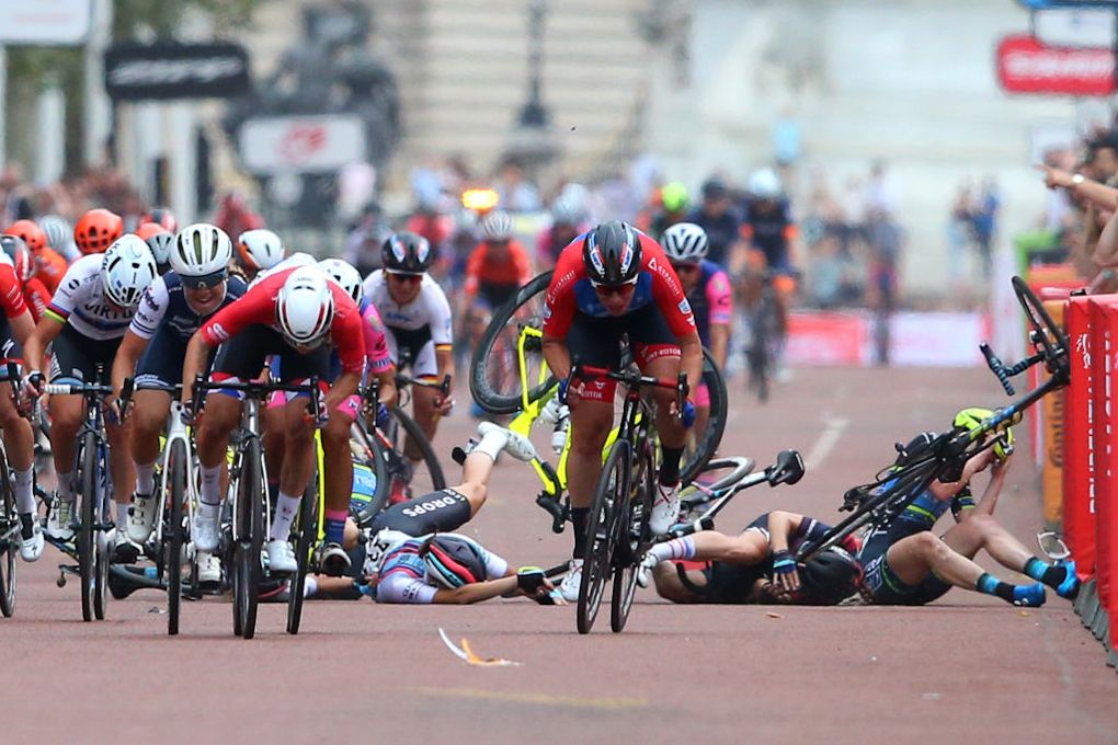 Riders crash near the end of the RideLondon Classique