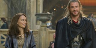 Natalie Portman and Chris Hemsworth as Jane and Thor