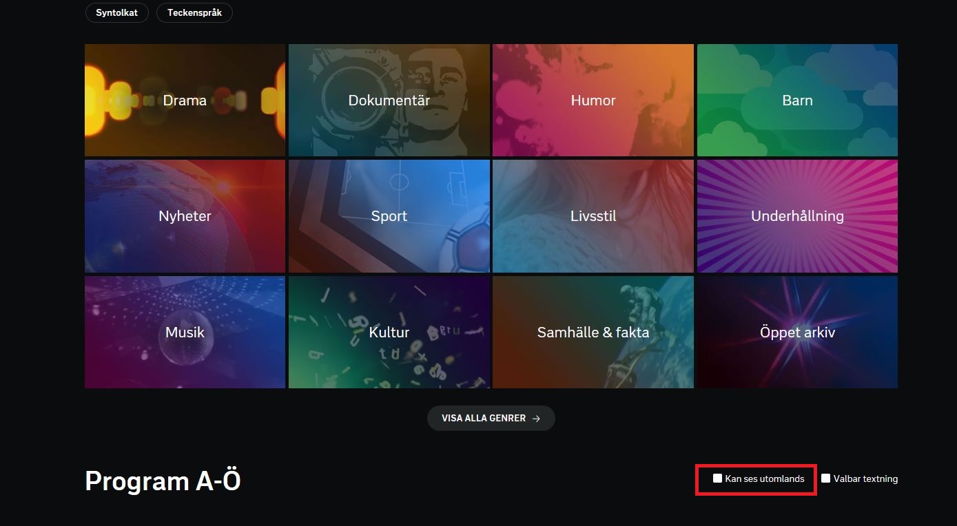 En översikt på de olika kategorierna som finns att välja mellan i SVT Play