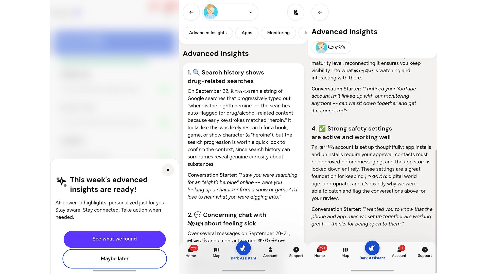 Advanced Insights on the Bark app identifying potential problems with a child's online searches and conversations