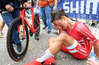 Johan Price-Pejtersen of Denmark shows emotions after winning U23 ITT the UCI Road World Championships