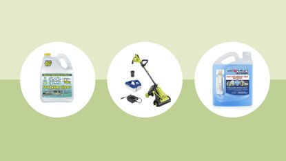 Image of green background with three cut out concrete cleaning products