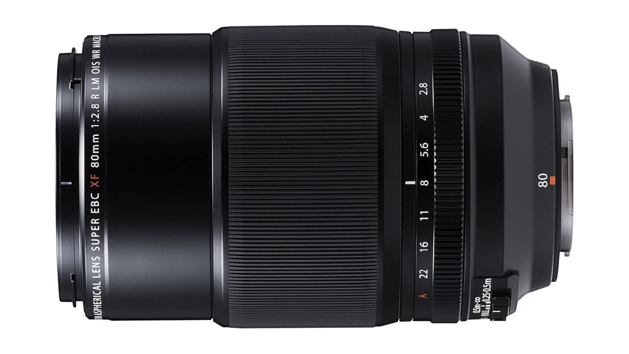 FUJIFILM XF80mm f/2.8 R LM OIS WR Macro lens on a white background
