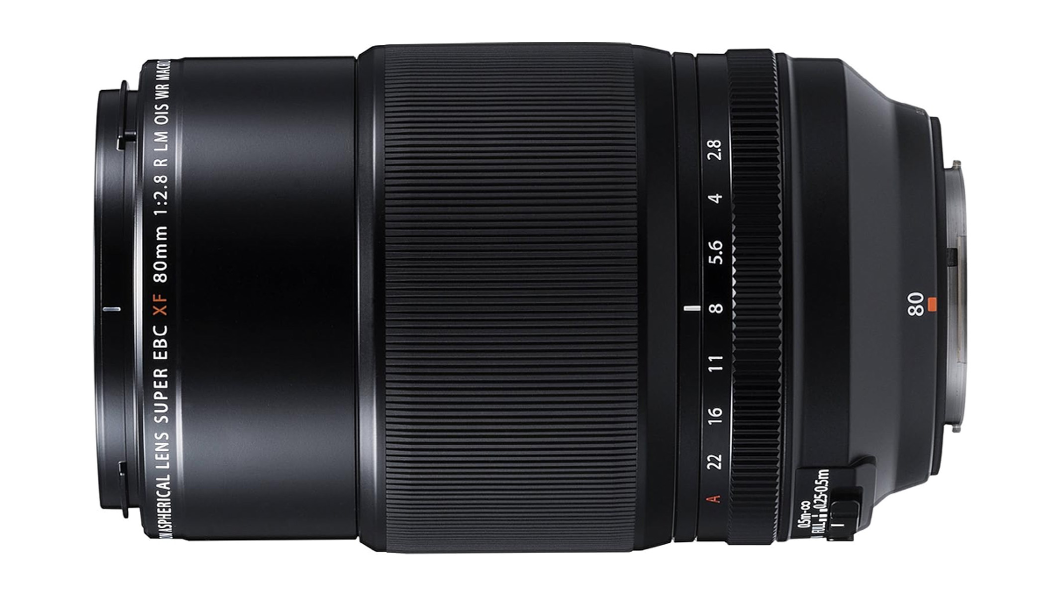FUJIFILM XF80mm f/2.8 R LM OIS WR Macro lens on a white background