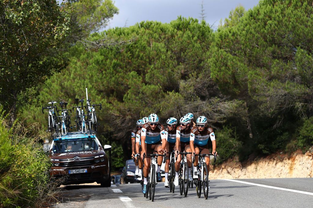 NICE FRANCE AUGUST 28 Romain Bardet of France Mickael Cherel of France Benoit Cosnefroy of France Pierre Latour of France Oliver Naesen of Belgium Nans Peters of France Clement Venturini of France and Alexis Vuillermoz of France and Team Ag2R La Mondiale during the 107th Tour de France 2020 Team Ag2R La Mondiale Training TDF2020 LeTour on August 28 2020 in Nice France Photo by Michael SteeleGetty Images