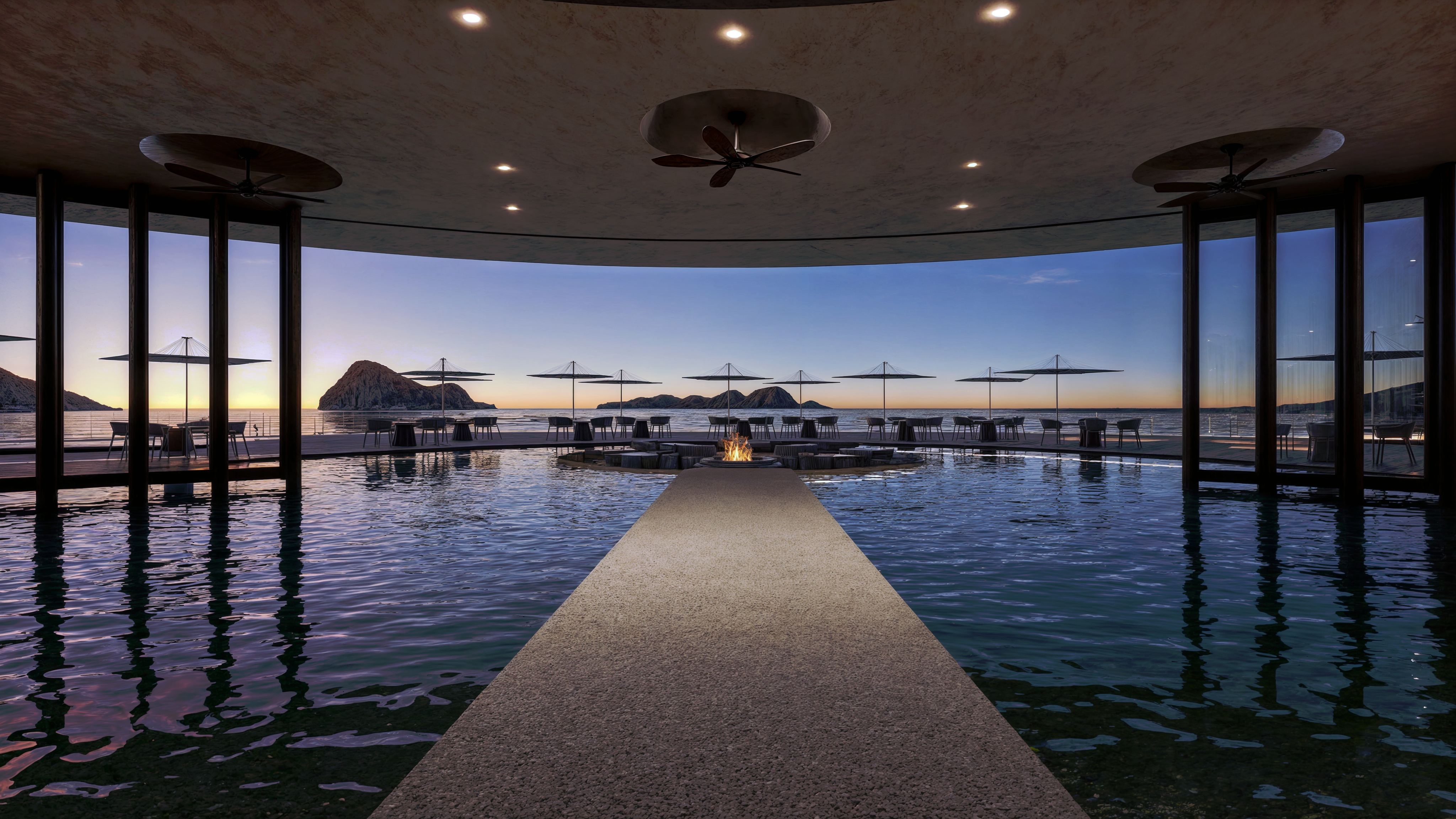 The pool at Mailena at dusk