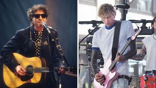 Left-Bob Dylan performing on MTV unplugged at the Sony Music Studio in New York City on November 18, 1994; Right-mgk performs On NBC's "Today" at Rockefeller Plaza on June 20, 2025 in New York City