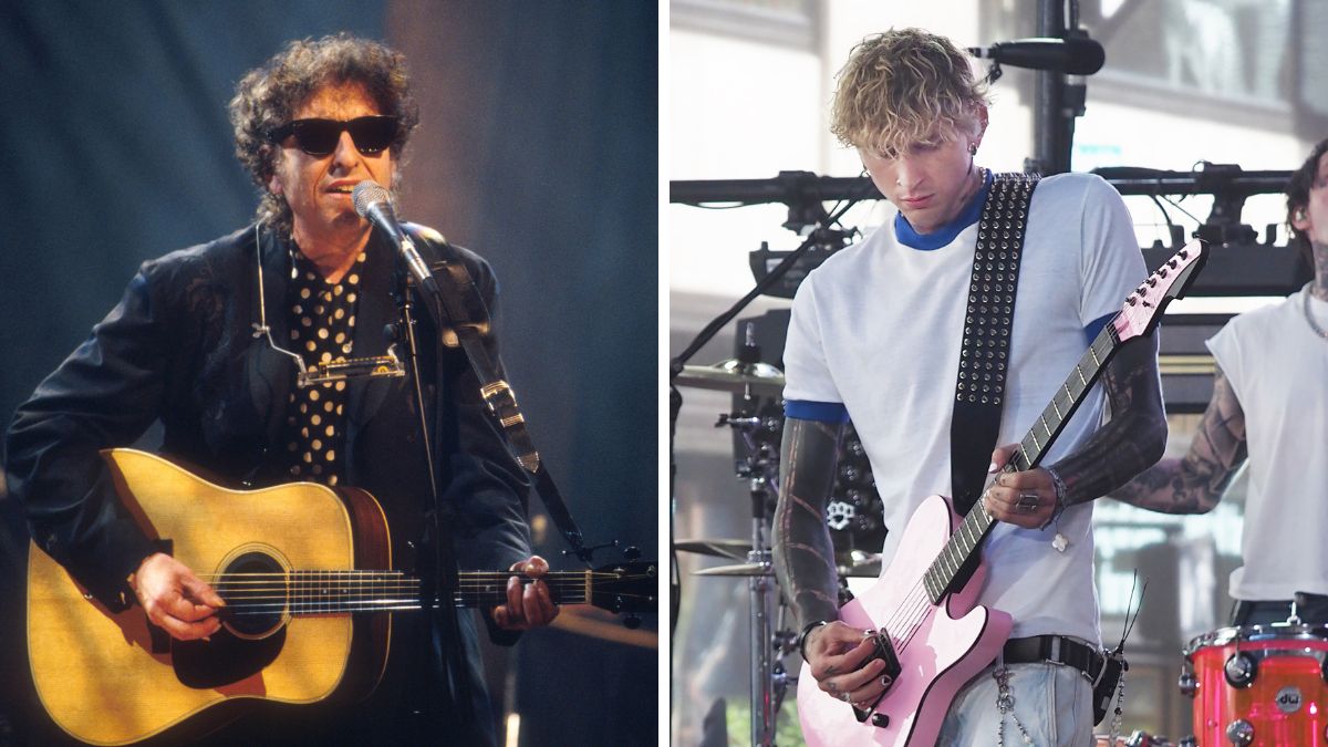 Left-Bob Dylan performing on MTV unplugged at the Sony Music Studio in New York City on November 18, 1994; Right-mgk performs On NBC&#039;s &quot;Today&quot; at Rockefeller Plaza on June 20, 2025 in New York City