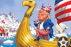 Illustration of Donald Trump approaching Greenland in a Viking longboat