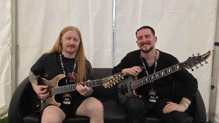 Craig &#039;Goonzi&#039; Gowans and Steven Jones from Scottish metalcore heavyweights Bleed From Within pose with their weapons of choice: Goonzi [left] has an ESP LTD M1000, while Jones has a Caparison TAT Special