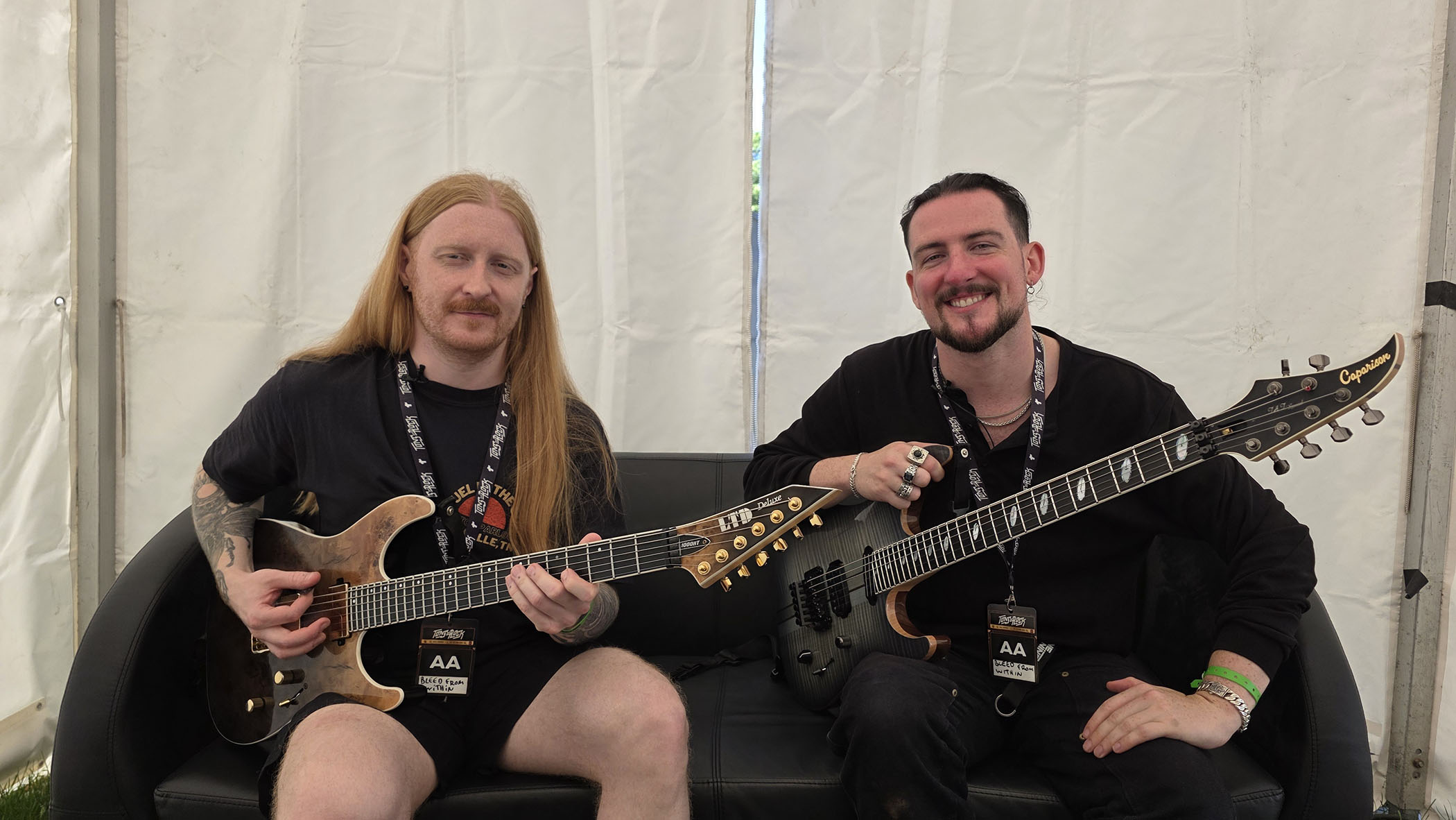 Craig &#039;Goonzi&#039; Gowans and Steven Jones from Scottish metalcore heavyweights Bleed From Within pose with their weapons of choice: Goonzi [left] has an ESP LTD M1000, while Jones has a Caparison TAT Special