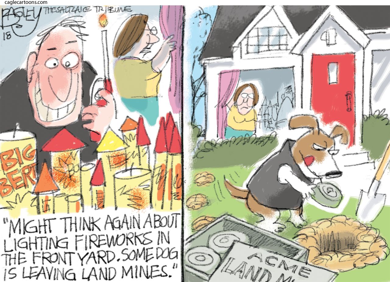 Editorial Cartoon U.S. Fourth of July fireworks dog