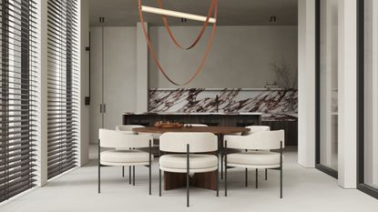 Dining room with boucle chairs and round table