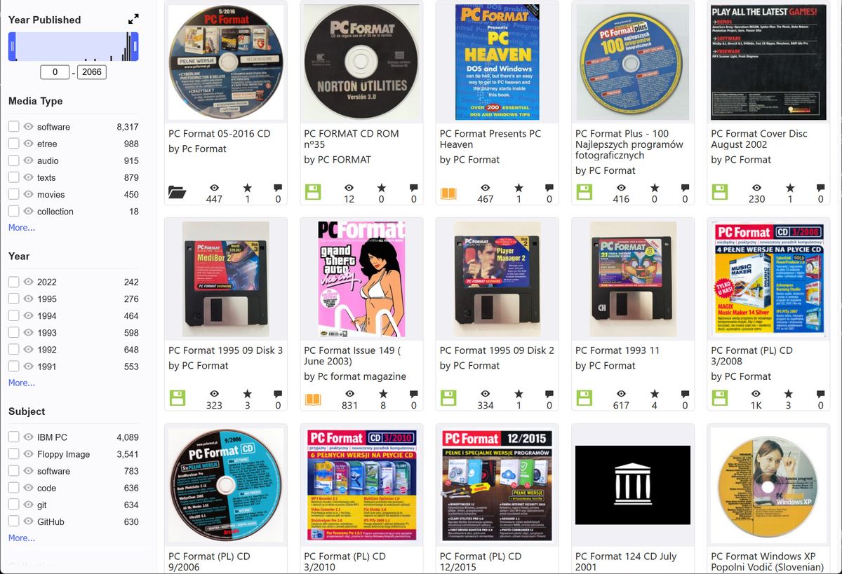 Sscreenshots showing just a few of the many cover disks on the Internet Archive