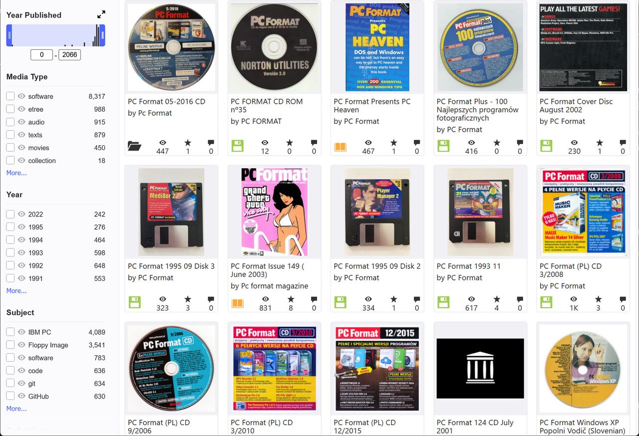 Sscreenshots showing just a few of the many cover disks on the Internet Archive