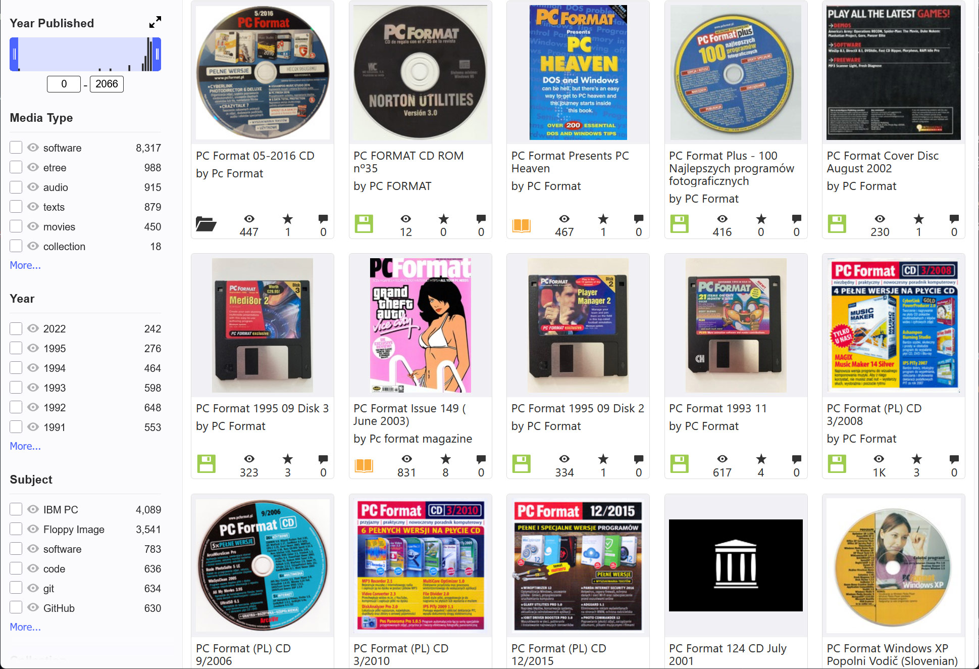 Sscreenshots showing just a few of the many cover disks on the Internet Archive