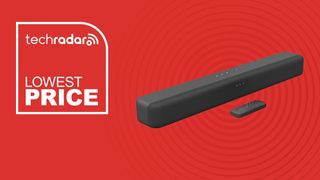 Amazon Fire TV Soundbar on red background with TechRadar lowest price sign