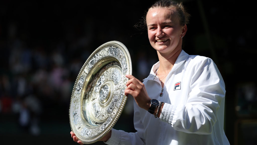 Barbora Krejcikova posing with the trophy after winning her Ladies's Singles Final at Wimbledon 2024