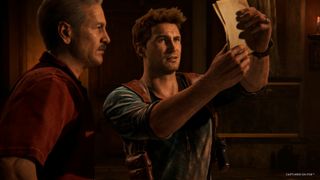 Nathan Drake and Sully study map in a cutscene from Uncharted 4