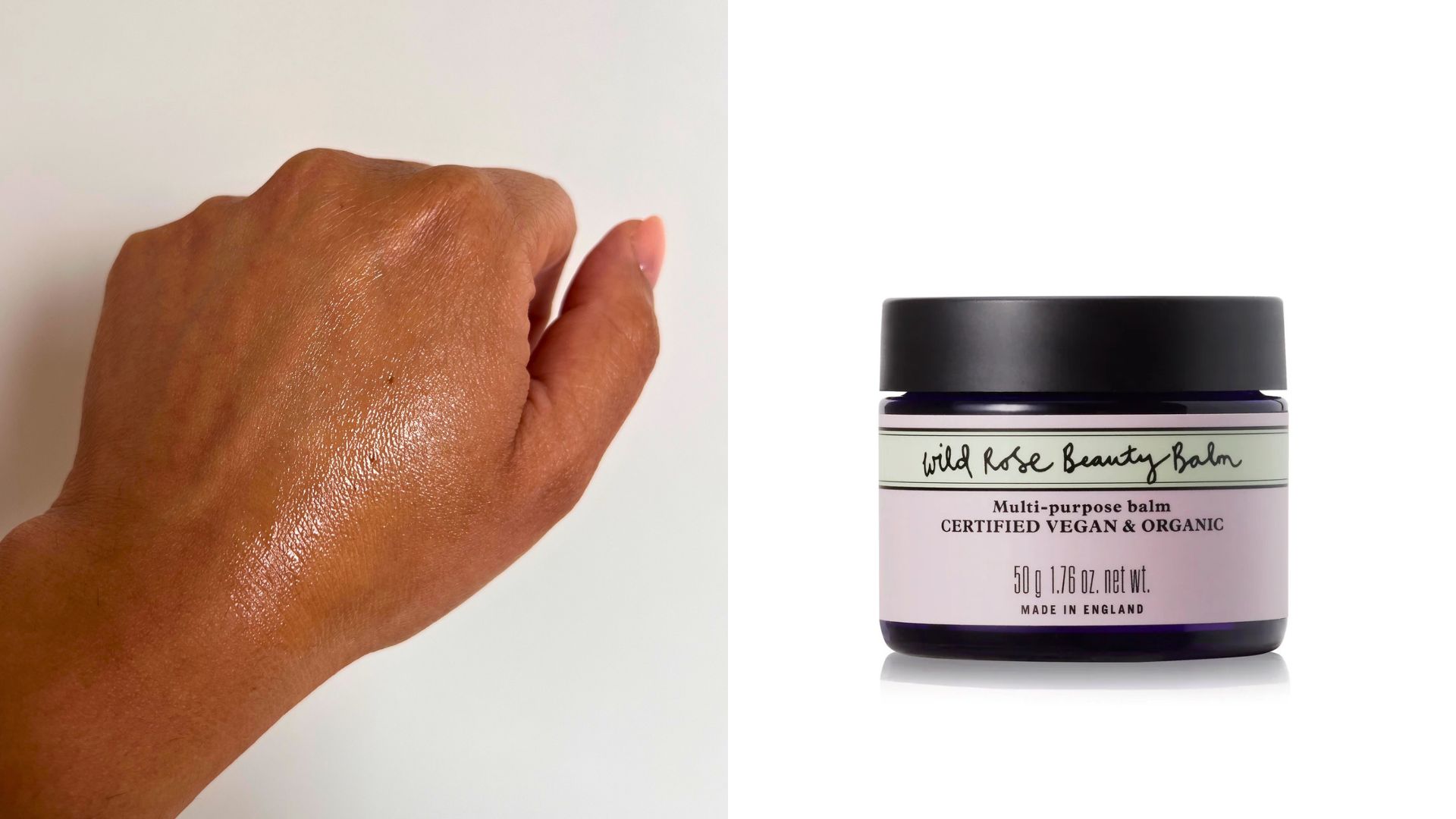 Aleesha's hand with the Neal's Yard Remedies Wild Rose Beauty Balm on it, next to a shot of the product