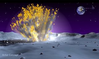 This artist&#039;s illustration shows a meteor crashing into the surface of the moon