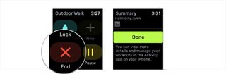 To end a workout on Apple Watch, tap on the display. Swipe right on the screen to access the Workout app menu. Tap End, then Done.