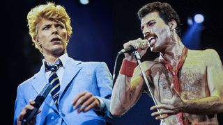 LEFT: David Bowie onstage during the first night of his Serious Moonlight World Tour at the Vorst Forest Nationaal in Brussels, Belgium on 18th May 1983. RIGHT: Freddie Mercury with Queen in 1980