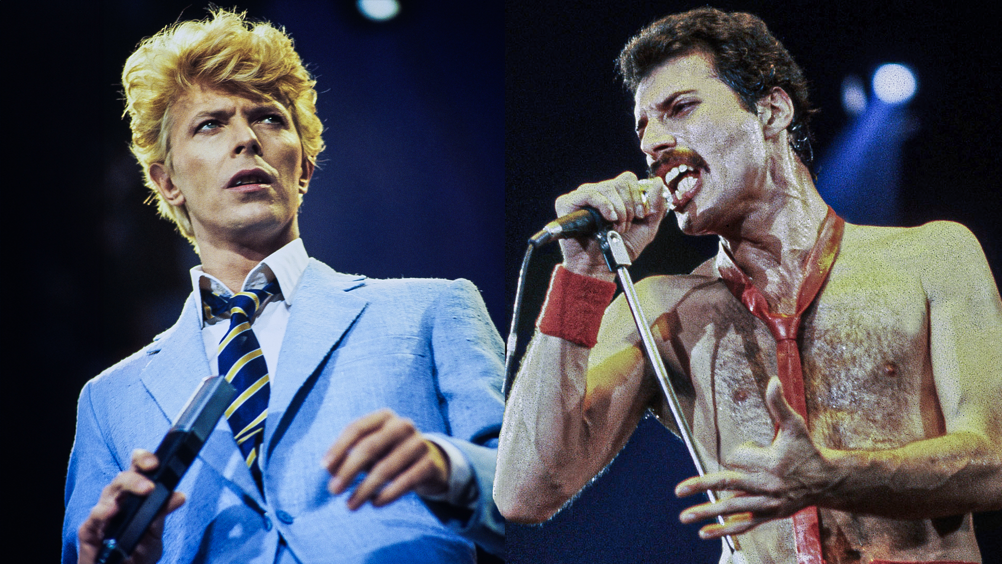 LEFT: David Bowie onstage during the first night of his Serious Moonlight World Tour at the Vorst Forest Nationaal in Brussels, Belgium on 18th May 1983. RIGHT: Freddie Mercury with Queen in 1980