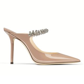 High heel mule in beige with jeweled strap detailing
