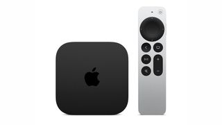 A straight-on view of both the Apple TV 4K model and the new control. 
