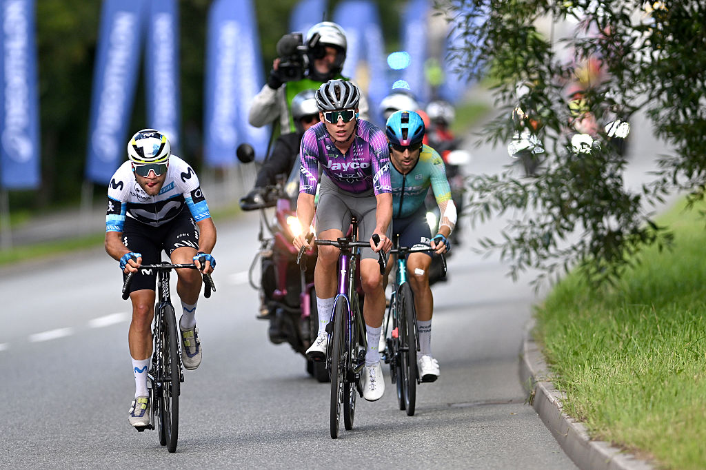 WALBRZYCH, POLAND - AUGUST 06: (L-R) Lorenzo Milesi of Italy and Team Movistar and Kelland O'Brien of Australia and Team Jayco AlUla compete in the breakaway during the 82nd Tour de Pologne 2025, Stage 3 a 159.3km stage from Walbrzych to Walbrzych / #UCIWT / on August 06, 2025 in Walbrzych, Poland. (Photo by Luc Claessen/Getty Images)