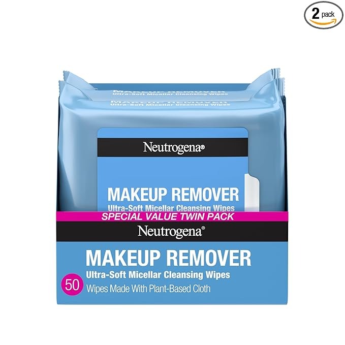 Neutrogena, Neutrogena Makeup Remover Wipes Micellar Alcohol-Free Face Towelettes Remove Waterproof Mascara &amp;amp; Oil, Compostable 100% Plant-Based Cloth, Dermatologist &amp;amp; Ophthalmologist Tested, Twin Pack 2 X 25 Ct