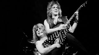 British musician Ozzy Osbourne and American musician Randy Rhodes (1956 - 1982) perform at the Rosemont Horizon, Rosemont, Illinois, January 24, 1982.