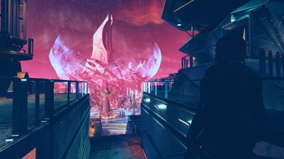 Starfield Shattered Space shows the player character looking out over the citdael in the Va'ruun city of Dazra