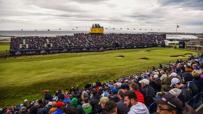 A course scenic view as fans watch play on the 18th hole from the grandstands during the final round on day four of the 145th Open Championship at Royal Troon on July 17, 2016 in Troon, Scotland.