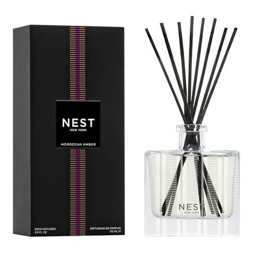 Nest New York Reed Diffuser, Moroccan Amber - 5.9 Fl Oz - Fragrance for Up to 90 Days - Reusable, Refillable Glass Holder - Includes 8 All-Natural Reed Sticks - Flame Free