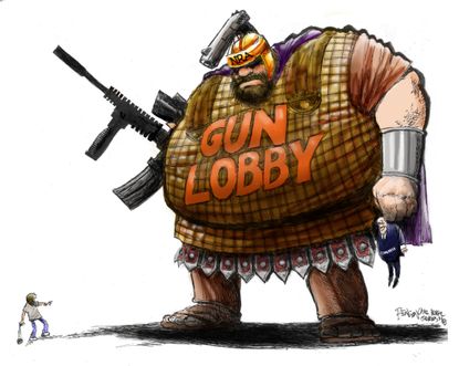 Political cartoon U.S. NRA gun lobby David and Goliath teen protest
