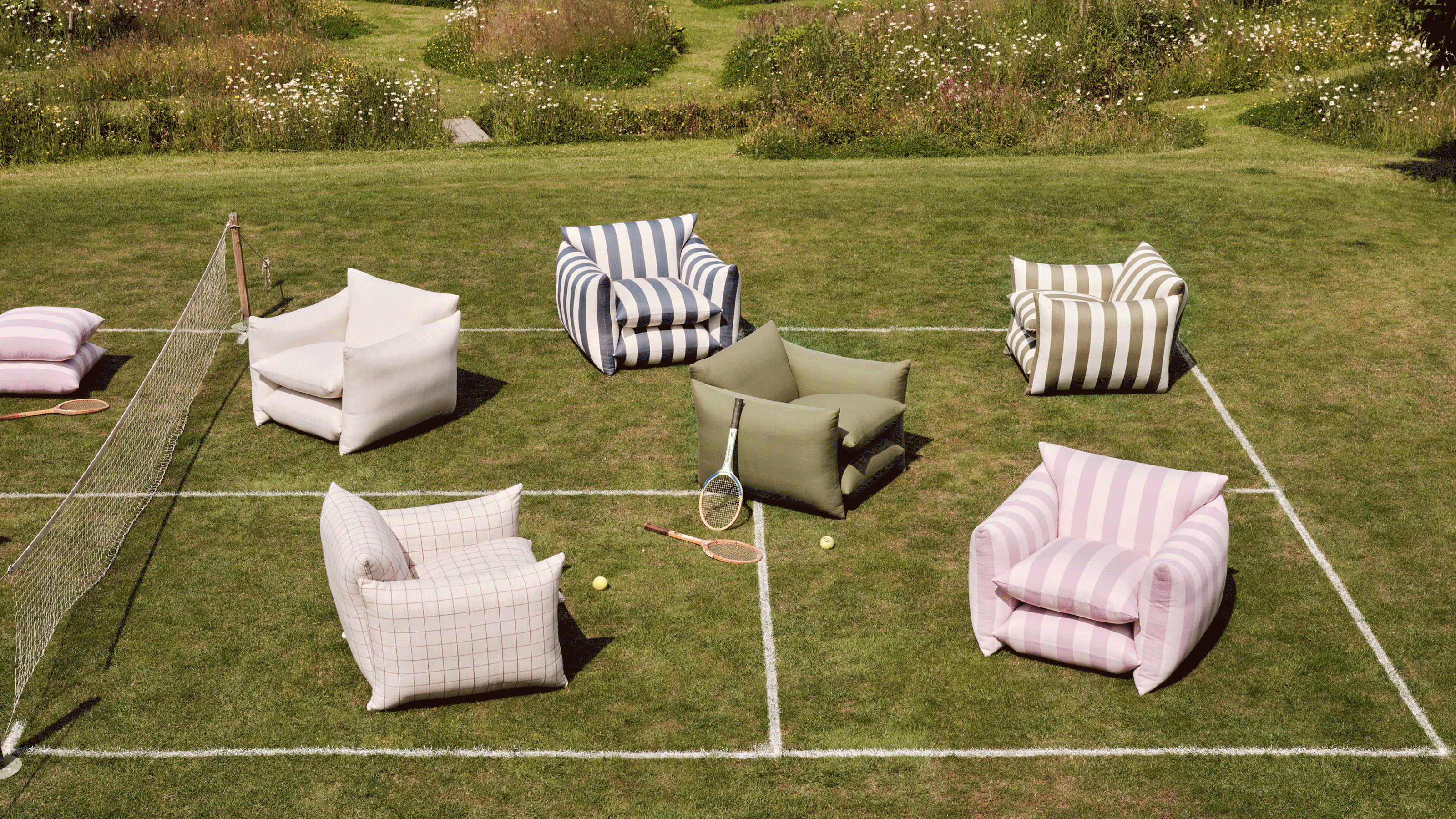 a rotating collection of interiors and lifestyle images, including modern rooms, furniture on a tennis court, and a close up of ice creams. 