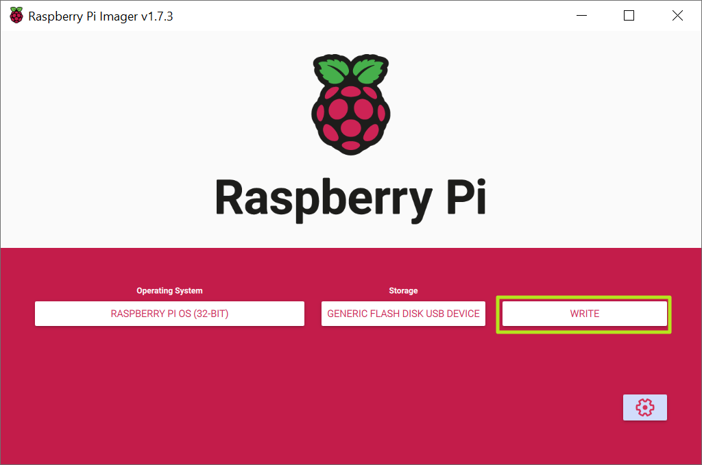 Click Write in Raspberry Pi Imager
