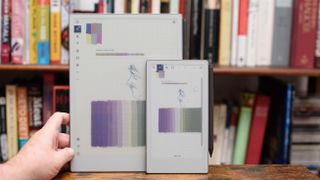 reMarkable Paper Pro Move tablet in front of a library of books, showing various writing screens and comparing the size to a Moleskine notebook