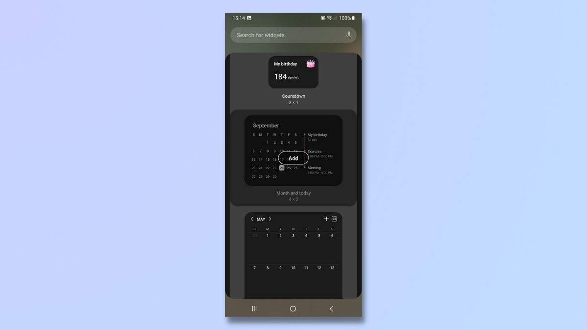 Zrzut ekranu przedstawiający sposób ułożenia widżetów na urządzeniu Samsung Galaxy — Dodaj widżet
