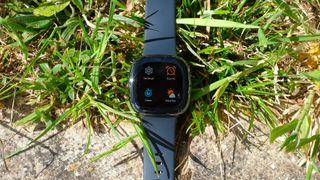 Fitbit Sense fitness watch outside on some grass